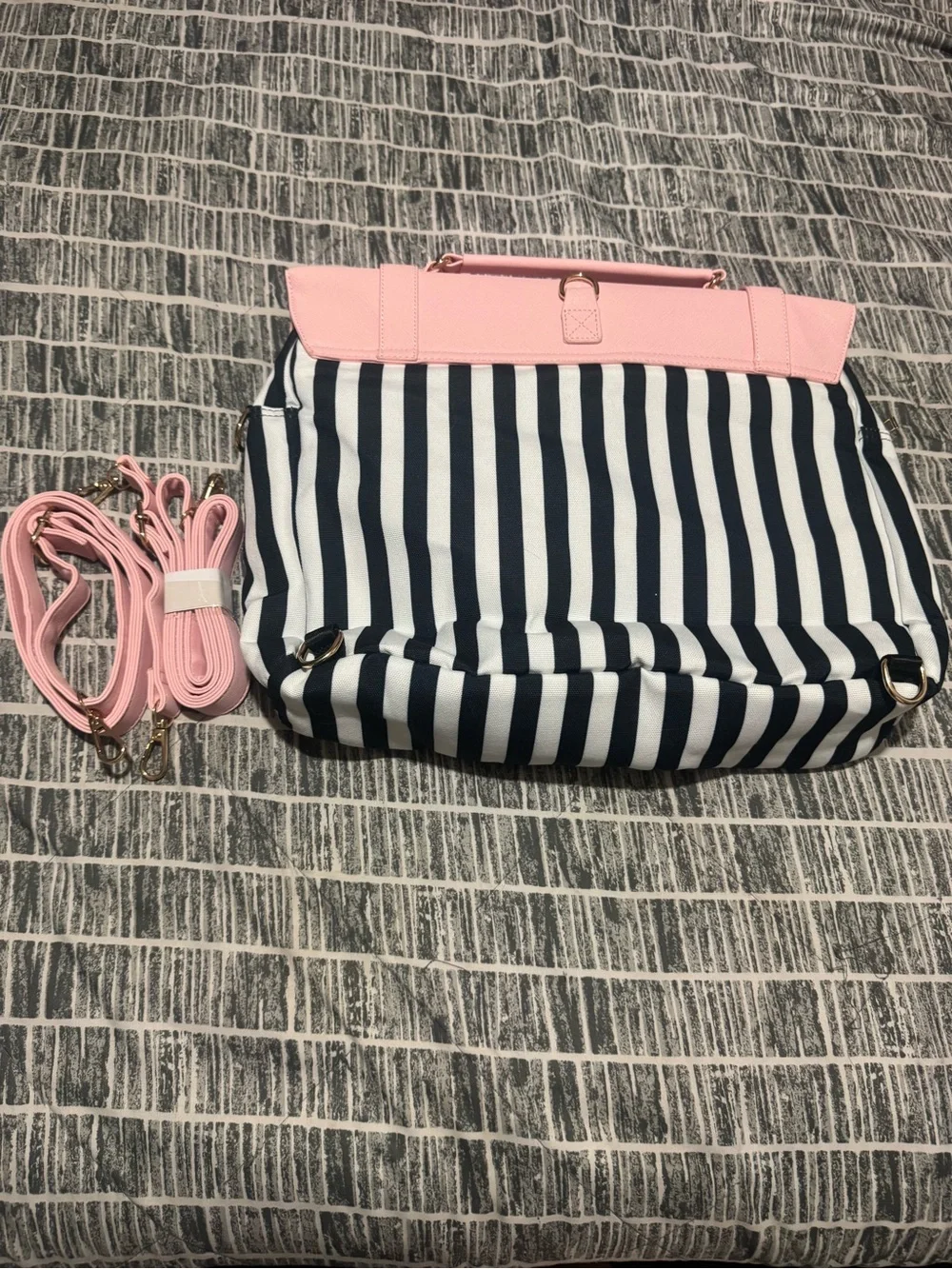 Striped Navy & White Crossbody with Pink Flap